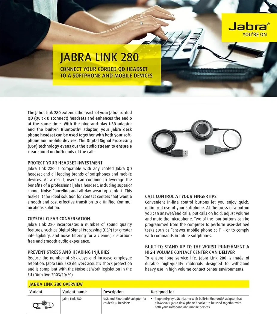  Jabra Link 280, USB-amplifier QD to USB, — Synapses Maroc