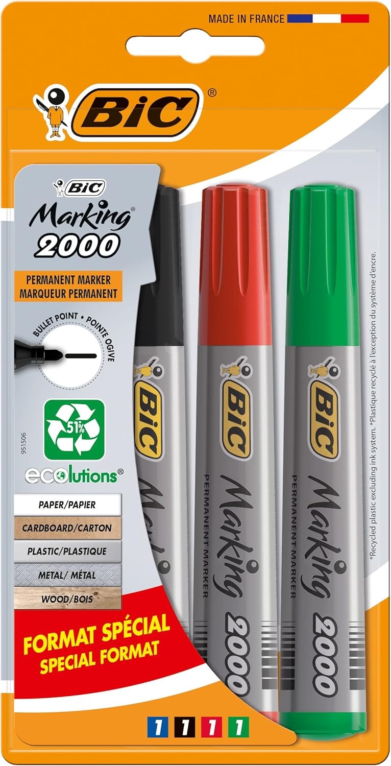  boite de 4 marqueurs Permanents BIC 2000 Conical (Couleurs assorties) — Synapses Maroc